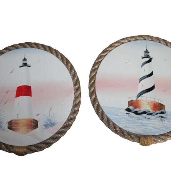 Lighthouse Canvas Hand Painted Wall Art Set Hangings Round Rope Signed Beach 11" - Picture 1 of 15